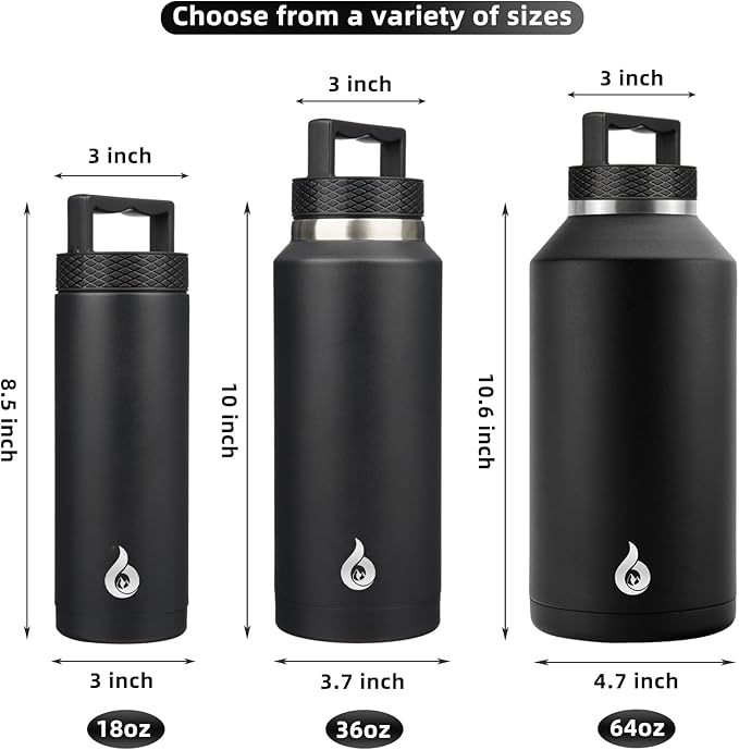 BJPKPK Insulated Water Bottles, Dishwasher Safe 36 oz Water Bottle with Handle, Leakproof BPA Free Water Jug, Stainless Steel Thermo for Sports, Black