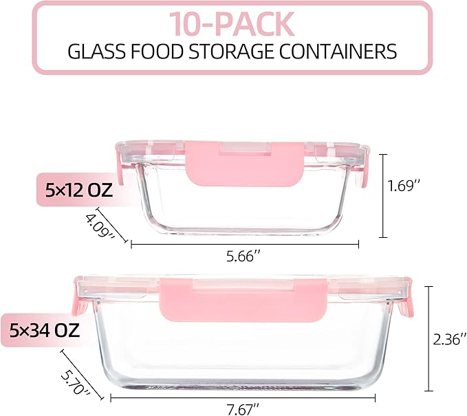 10 Pack Glass Food Storage Containers with Airtight Lids, Ideal for Meal Prep, Lunches - Microwave and Dishwasher Safe, Pink