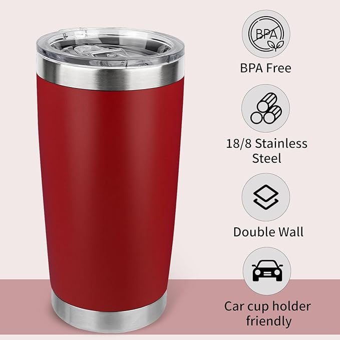 20oz Stainless Steel Tumbler Bulk with Lid, Travel Mug - Double Wall Vacuum Powder Coated Cup - Red, 6 Pack
