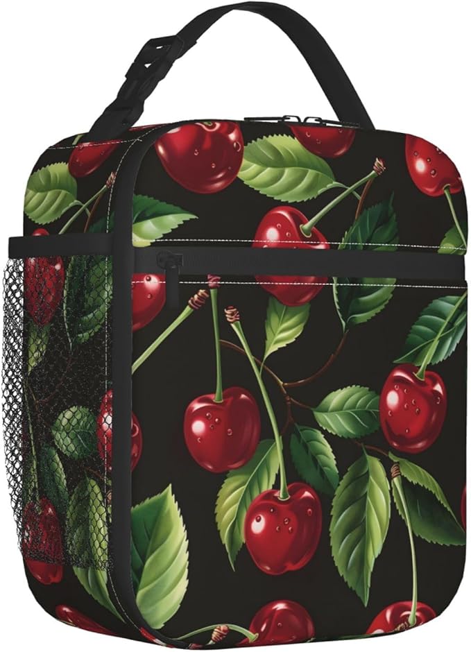 Sweet Cherry Lunch Box for Women Girls Kids, Insulated Cooler Vibrant Red Cherry Lunch Bag for School, Picnic, Office, Travel, Work, Portable Reusable Polyester Thermal Tote Lunch Bags