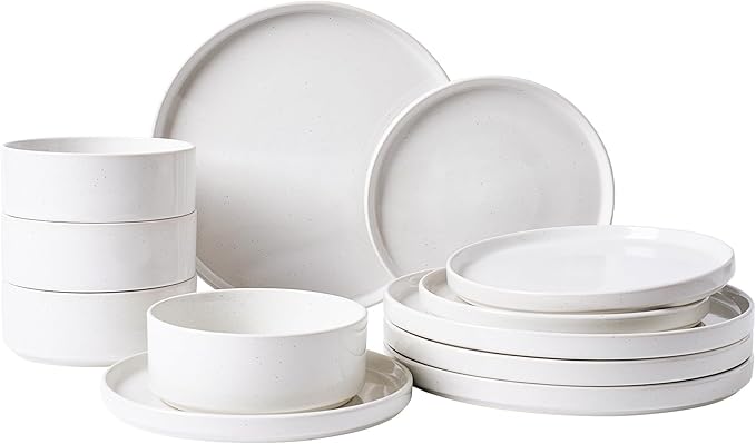 Famiware Nebula Plates and Bowls Set, 12 Pieces Dinnerware Sets, Dishes Set for 4, White with Colorful Speckles