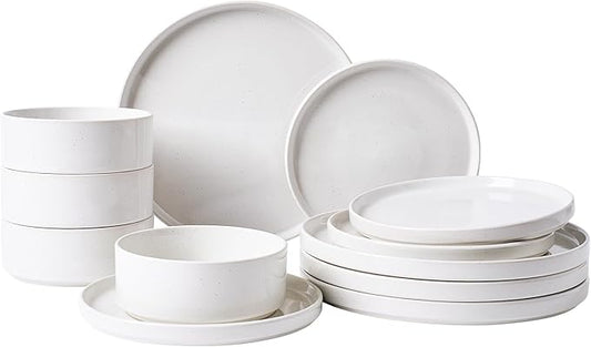 Famiware Nebula Plates and Bowls Set, 12 Pieces Dinnerware Sets, Dishes Set for 4, White with Colorful Speckles