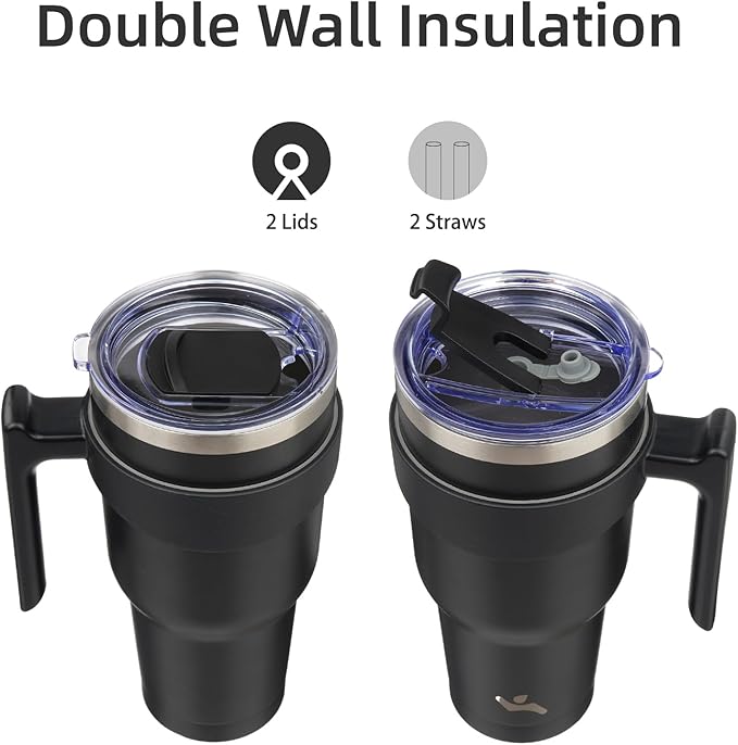 40 oz Tumbler with Handle and 2 Straw 2 Lid, Insulated Water Bottle Stainless Steel Vacuum Cup Reusable Travel Mug,Black