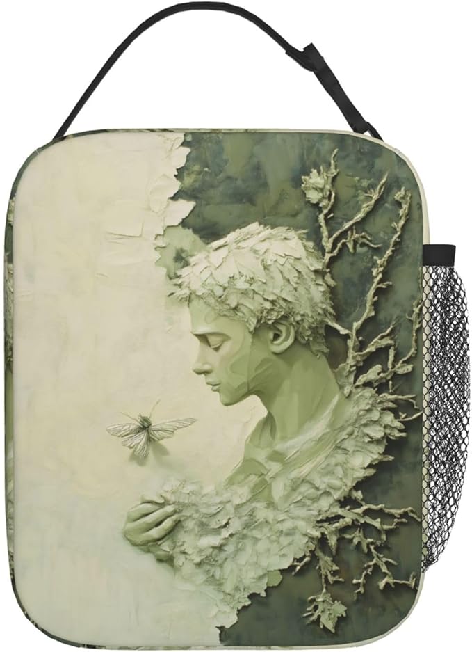 Artistic Men Sage Green Background Insulated Lunch Box for Women and Nature Lovers Oil Painting Style Branch and Leaf Lunch Bag for Travel,or Fishing Polyester Lunch Box