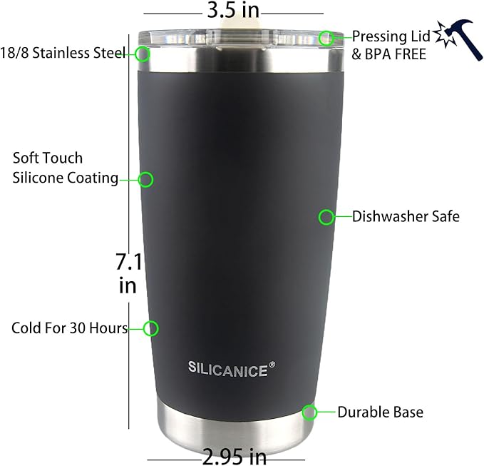 Soft Gray 20 oz Stainless Steel Vacuum Insulated Tumbler with Lid,Durable Travel Coffee Mugs Cups,Dishwasher Safe, Leak Proof,Cold And Hot Coffee Bottle,Easy Cleaning,Silicone Coating Soft Touch,men