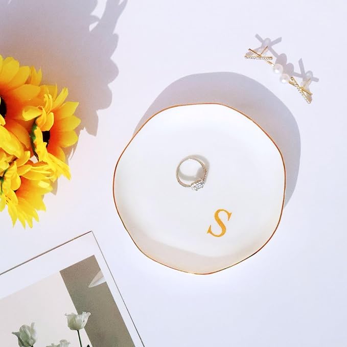 Ceramic Jewelry Tray Initial Ring Dish Personalized S-Monogrammed Engagement Wedding Gifts, for Birthday Mother's Day Christmas for Women, Ceramic White 4.75" (S)