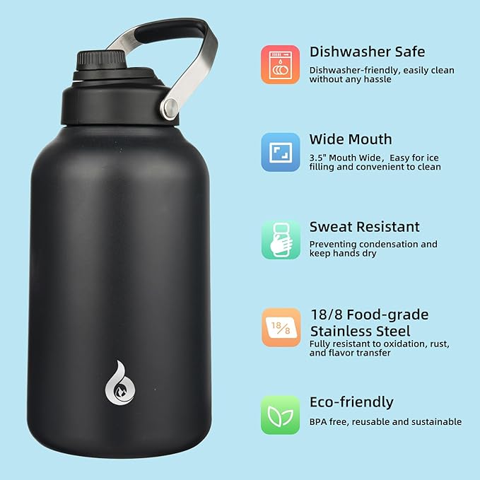 BJPKPK 1 Gallon Water Bottle Insulated, Dishwasher Safe 128oz Large Water Jug with Metal Handle & BPA Free Spout Lid, Stainless Steel Metal Thermo for Gym, Sports & Hiking, Black