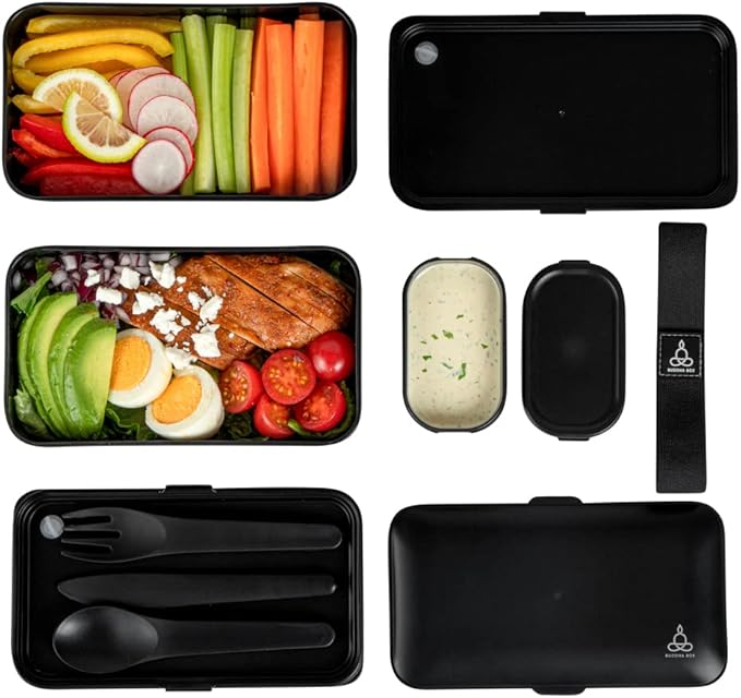 Restaurantware Bento Tek 40.5 Ounces Stackable Lunch Box 1 Reusable Adult Lunch Container - With Utensils Included Sauce Cup Black Plastic Layered Lunch Box Microwavable Dishwashable