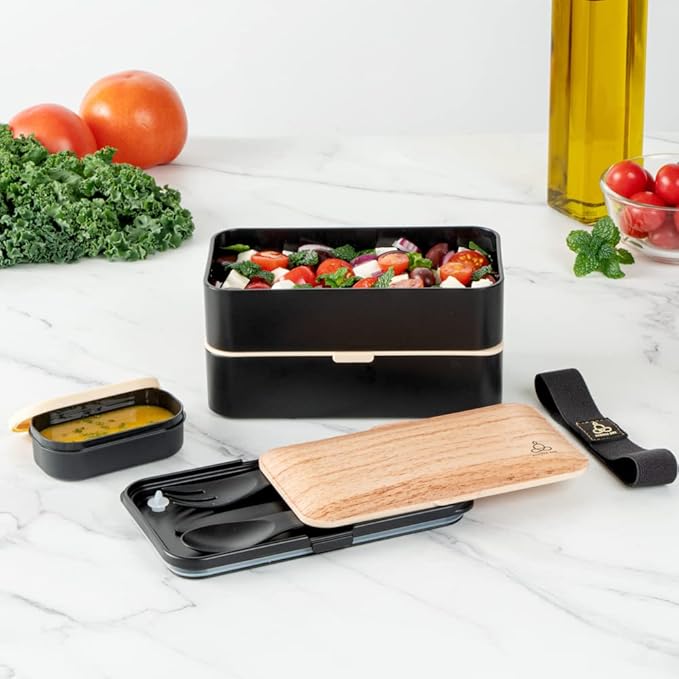 Restaurantware Bento Tek 40.5 Ounces Stackable Lunch Box 1 Reusable Adult Lunch Container - With Utensils Sauce Cup Wood Grain & Black Plastic Layered Lunch Box Microwavable Dishwashable