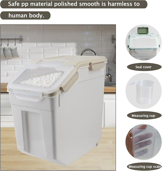 2 Pack Rice Storage Container with Measuring Cup 50 lb Flour Storage Container with Wheels, BPA Free Food Storage Container Dog Cat Food Bin Set for Dry Food Sugar, Cereal(Gray)