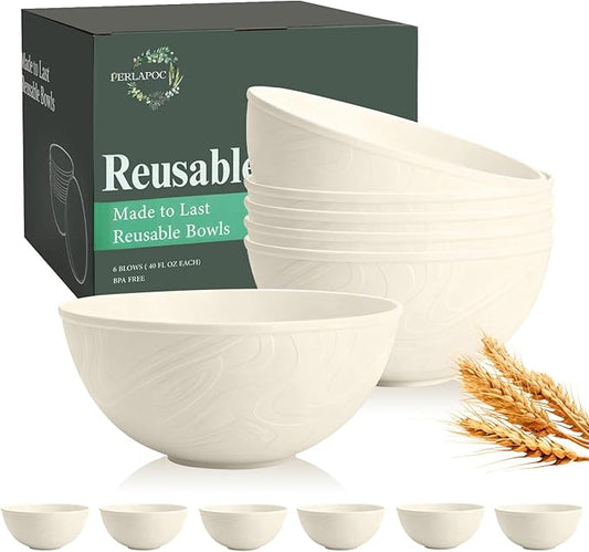 Unbreakable Wheat Straw Kitchen Cereal Bowl 40 OZ, Microwave & Dishwasher Safe Bowls, Alternative Plastic Bowls for Kitchen, Outdoors, RV, Camping, Patio, Set of 6, Beige