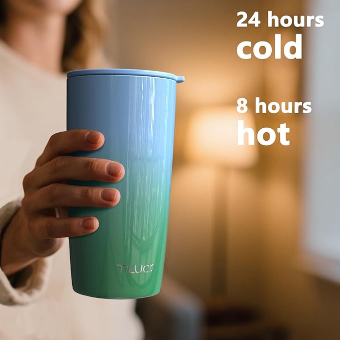 TILUCK 20 oz Tumbler with Leak-Proof Lid, Vacuum Insulated Stainless Steel Coffee Mug, Double-Walled Travel Tumbler for Hot and Cold Drinks(GlitterGreenBlue, 20oz)