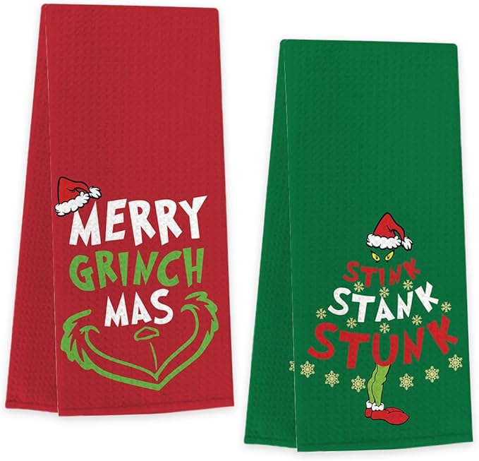 Christmas Kitchen Towels Set of 2,Funny Christmas Decor, Green Mas Red Santa Snowflake Hand Drying Baking Cooking Cloth, Winter Holiday Xmas Decor Home Decorations 14 x 23 Inches