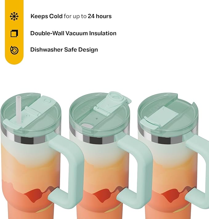 RTIC 30 oz Road Trip Tumbler Double-Walled Ceramic Lined InsulatedStainless Steel Portable Travel Coffee Mug Cup with Lid, Handle and Straw, Desert Sunset