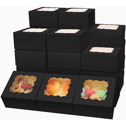 Bakepacker 100pcs Black Bakery Boxes with Window 6x6x3 inches Thick & Sturdy Macaroon Pastry Boxes Cookie Boxes for Bakerys