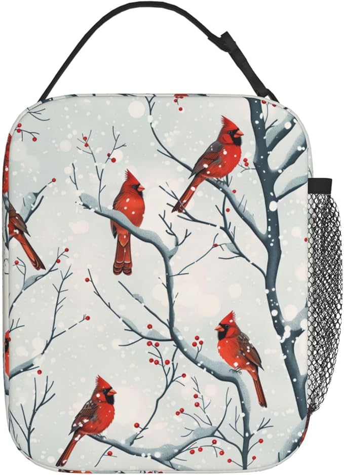 Reusable Cardinal Lunch Box for Kids Girls Boys Women Adult, Insulated Bird Winter Snowy Lunch Bag,Polyester Cooler Handbags Case for School Picnic Work Travel Beach or Hiking