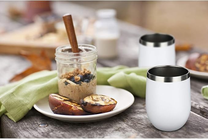 MEWAY 12oz/4 Pack Wine Tumbler Glasses with Lid - Stemless Double Wall Vacuum Stainless Steel Travel Tumbler - Keeping Cold & Hot for Wine,Coffee,Cocktails,Drinks-Family and Gifts (White,Set of 4)
