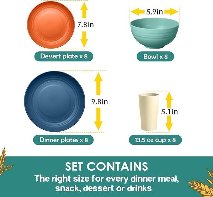 Teivio 32-Piece Kitchen Plastic Wheat Straw Dinnerware Set, Service for 8, Dinner Plates, Dessert Plate, Cereal Bowls, Cups for Everyday Dining, Unbreakable Plastic Outdoor Camping Dishes, Colorful