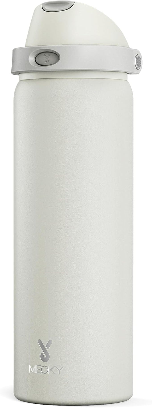 32 oz Insulated Water Bottle with Straw: Meoky Stainless Steel Metal Water Bottle with 2-in-1 Lid - Leak Proof, Cold for 24 Hours, Protective Silicone Base, BPA-Free for Sports Gym, Ivory