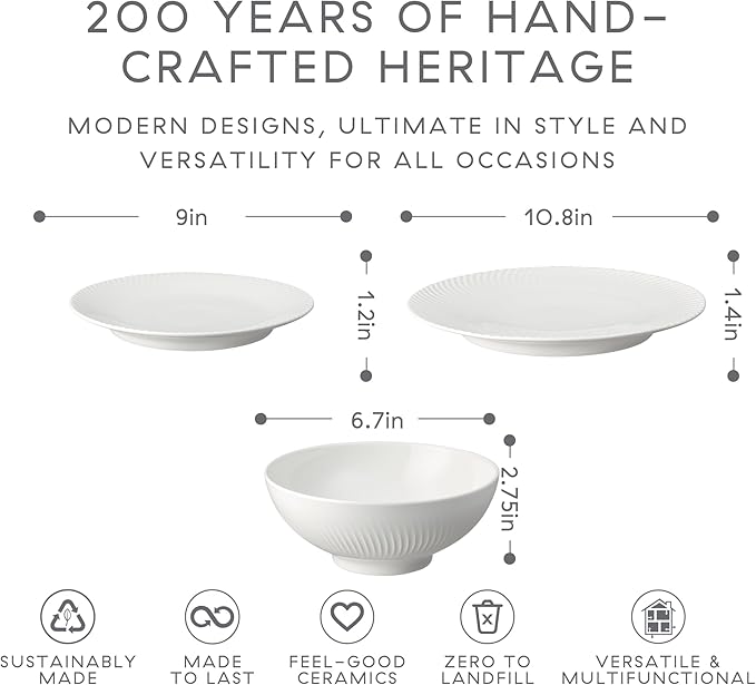 Denby - Arc White Porcelain Dinner Set For 4-12 Piece Textured Tableware Set For Any Occasion - Dishwasher Microwave Oven Safe - Scratch Chip Resistant
