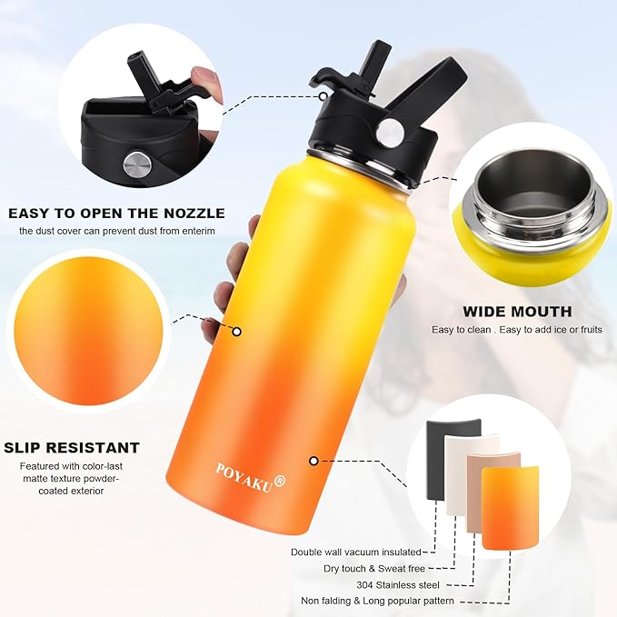 Water Bottle Insulated 32oz 40oz 64oz 128oz Straw Lid Spout Lid & 3 Lids, Leak Proof, Vacuum Insulated,Stainless Steel Water Bottle Wide Mouth for Sports, Gym or Office