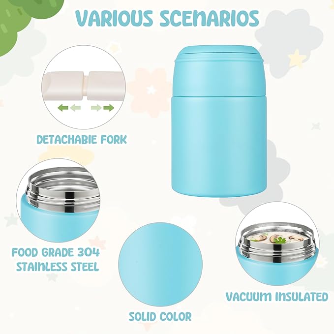 10oz Soup Thermo for Hot Food Kids Insulated Food Jar with Spoon Wide Mouth Stainless Steel Lunch Container Leak Proof Vacuum Food Box for School Travel Picnic Ice Blue