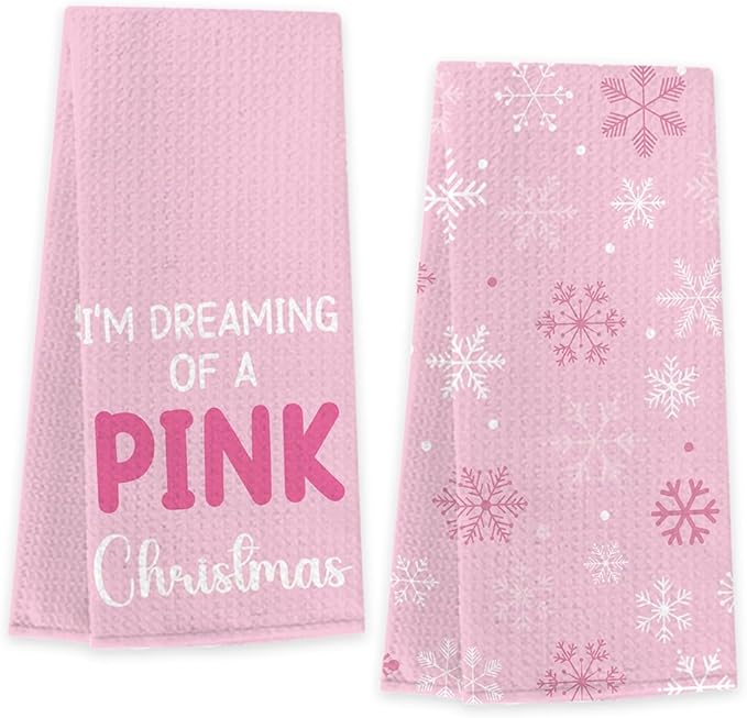 Pink Christmas Kitchen Towels,Christmas Decor Pink Bathroom,Xmas Gifts, Holiday Snowflakes Decorative Absorbent Dish Cloths and Tea Towels for Bathroom Decor 14 x 23 Inches