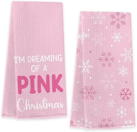 Pink Christmas Kitchen Towels,Christmas Decor Pink Bathroom,Xmas Gifts, Holiday Snowflakes Decorative Absorbent Dish Cloths and Tea Towels for Bathroom Decor 14 x 23 Inches