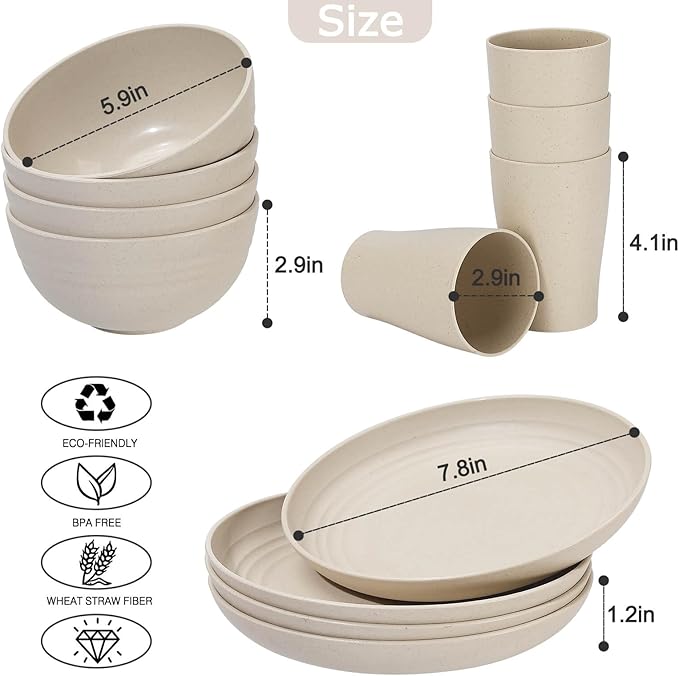 12pcs Kids Wheat Straw Dinnerware Sets, Wheat Straw Plates and Bowls Set for 4 Microwave Safe (Beige)
