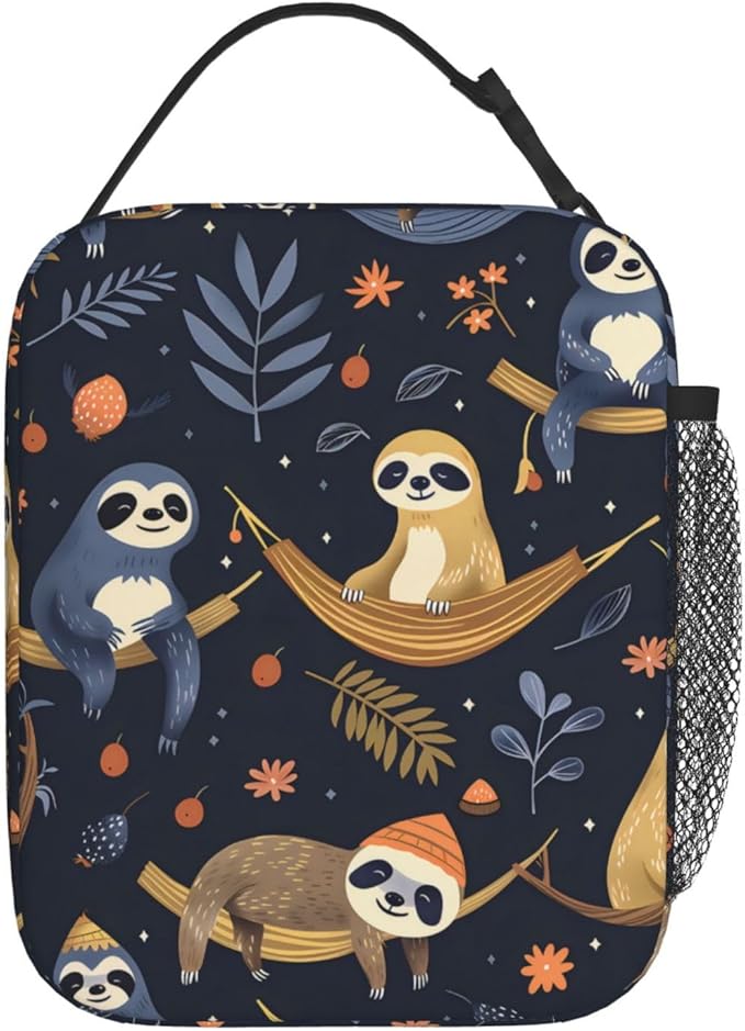 Sloth Polyester Lunch Box for Kids Teen,Cute Reusable Thermal Lunch Bag for Adult Women,Dark Insulated Tote Cooler Bags for School,Work,Picnic,Travel,Fun Nighttime Forest Theme