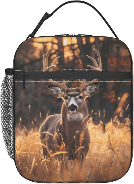 Reusable Sunset Deer Lunch Box for Kids, Insulated Autumn Leaf Fall Bag,Polyester Cooler Wildlife Lovers Handbags Case for School Picnic Work Travel Beach or Hiking, Gifts