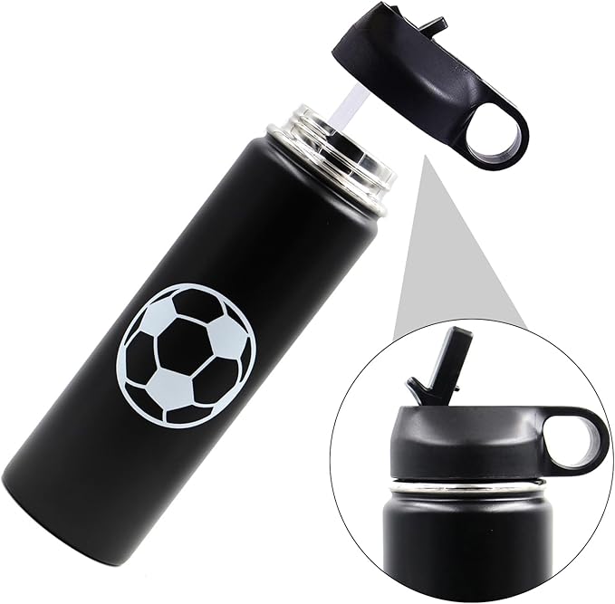 22 oz Soccer Water Bottle, Metal Sports Flask Travel Tumbler with 2 Lids, BPA Free 18/8 Stainless Steel Leak Proof Double Wall Vacuum Insulated Water Bottles, Soccer Stuff Gifts for Boys Girls Players