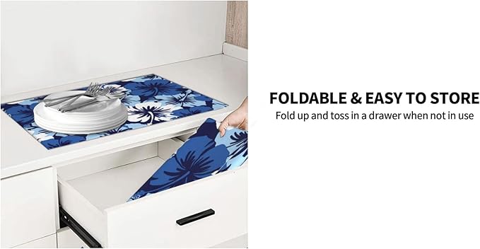 Blue Hawaii Flowers Dish Drying Mat, Blossom Floral Kitchen Counter Mat Rubber Backing Draining Mat Easy Clean Kitchen Accessories Dish Rack Pad for Dishes, Utensils, Countertops, Coffee Sinks 18X24''