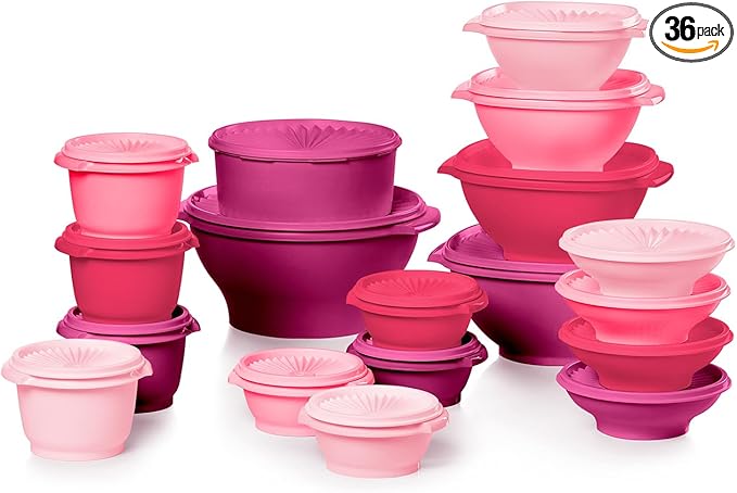 Tupperware Heritage Collection, New 36 Piece Food Storage Container Set in Vintage Pink, Dishwasher Safe and BPA Free (18 containers, 18 lids)