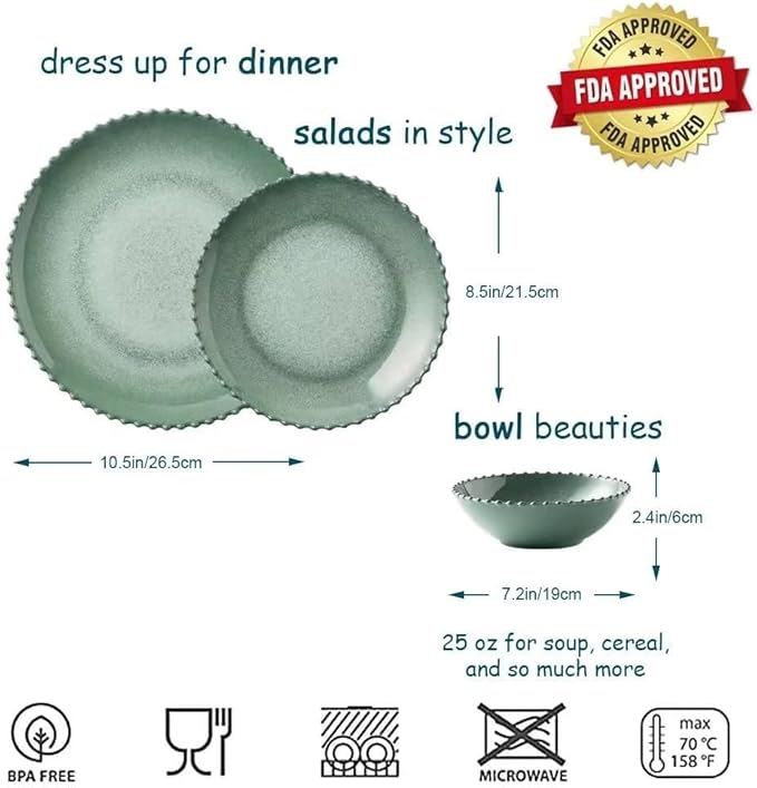 MissYIP 12 Piece Melamine Dinnerware Sets, Service for 4, Lightweight Unbreakable, BPA Free, Food Grade Plates Sets, Dishwasher Safe, Indoor and Outdoor Use