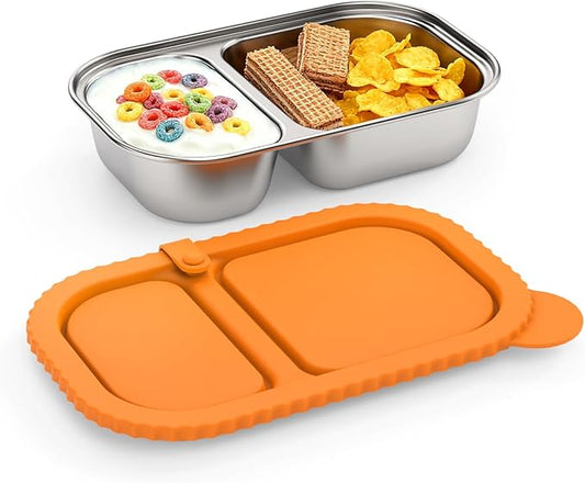 Reusable Stainless Steel Snack Containers, Capacity Upgrade 2 Compartment Snack Containers with Lids, Reusable Food Storage Containers with Lids for Travel, Outdoor, Camping (Orange)