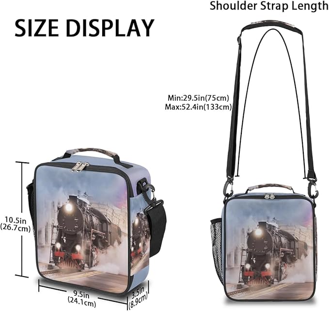 Train Lunch Box for Kids, Vintage Steam Train Lunch Bag for Boys Girls, Reusable Insulated Waterproof Lunch Box with Adjustable Shoulder Strap Thermal Cooler Tote Bag for School Daycare Picnic