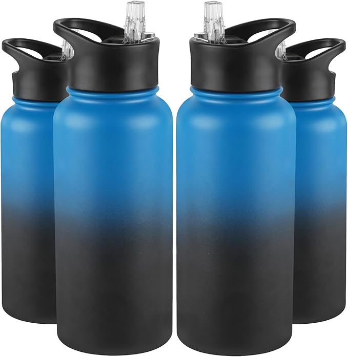 32 Oz Insulated Water Bottle Bulk 4 Pack, Stainless Steel Sports Water Bottles with Straw Lid & Wide Mouth Lids, Double Walled Vacuum, Leak Proof, Blue Black Gradient