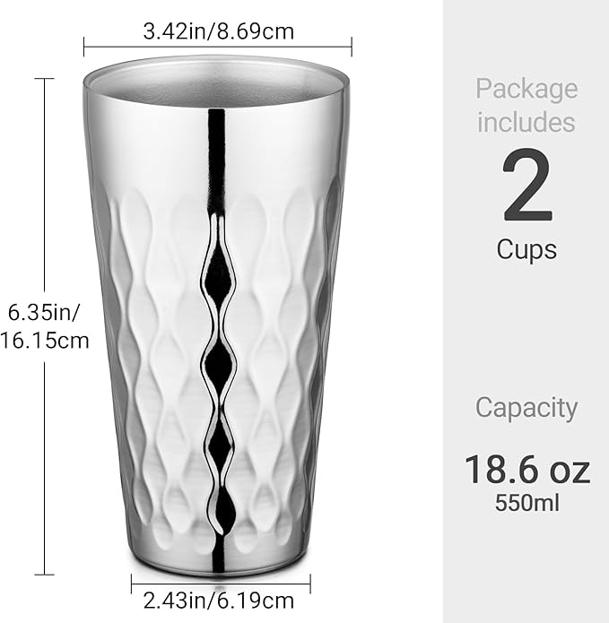 Beasea Stainless Steel Cups 19 oz, 2 Pack Large 18.6oz 550ml Stainless Steel Drinking Cups Tumbler Stackable Double Wall Insulated Individual Metal Pint Glasses Tin for Home Party Camping
