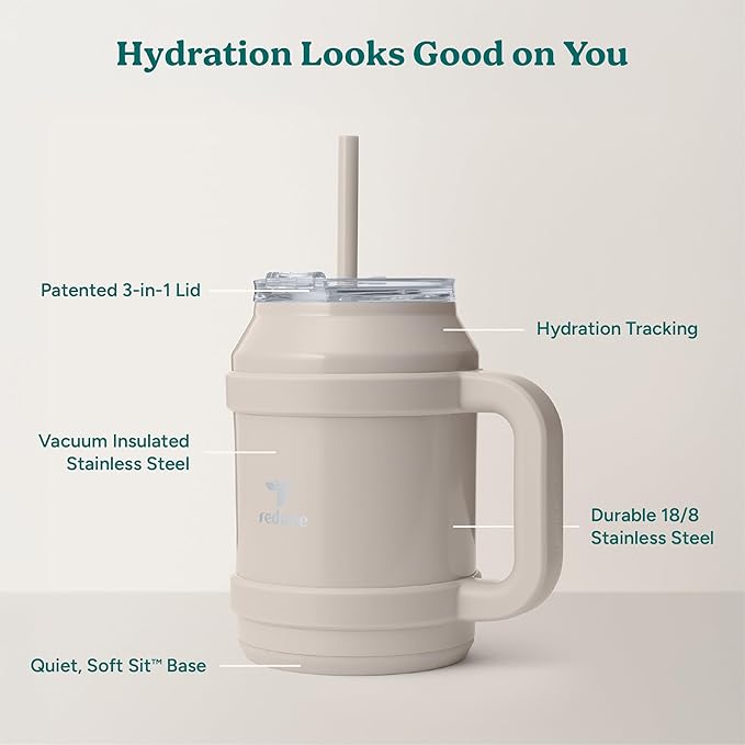 REDUCE Reusable 50 oz Cold1 Water Tumbler – Ergonomic Handle – Double-Wall Insulation – Sturdy Desktop/Tabletop Mug with Lid and Straw – BPA-Free – Stainless Steel for Gym, Home, or Office– Sand