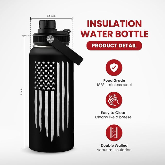 American Flag Water Bottle 32oz - SA Water Bottles Stainless Steel Insulated with Lid, America Gifts Ideas for Men Gym Sports Outdoor Workout