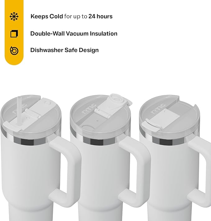 RTIC 40 oz Road Trip Tumbler Double-Walled Cermaic Lined Insulated Stainless Steel Portable Travel Coffee Mug Cup with Lid, Handle and Straw, Cool Grey