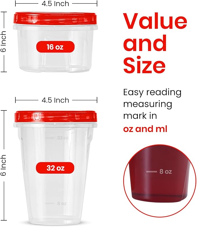 RFAQK 16 PCS Freezer Storage Containers-[16 * 32 & 16 oz] Plastic Food Storage Containers with Twist Top Lids-Leakproof Jars-Deli Container Stackable Meal Prep Reusable Box for Lunch,Soup,Oats,Gym