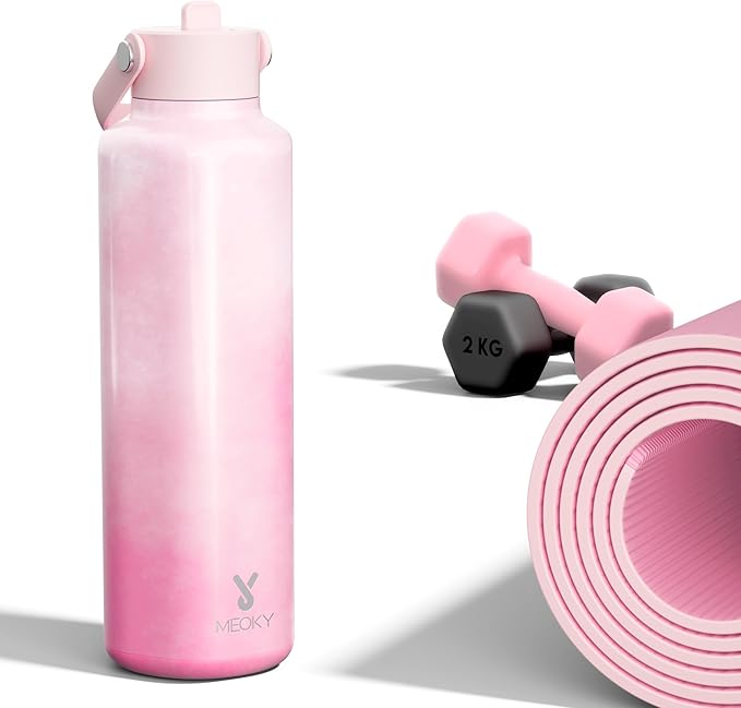 Women Water Bottle with Straw for Sports: 24 oz Stainless Steel Insulated Water Bottle BPA-Free for Home Office Work - Girlfriend Wife Mom, Peony