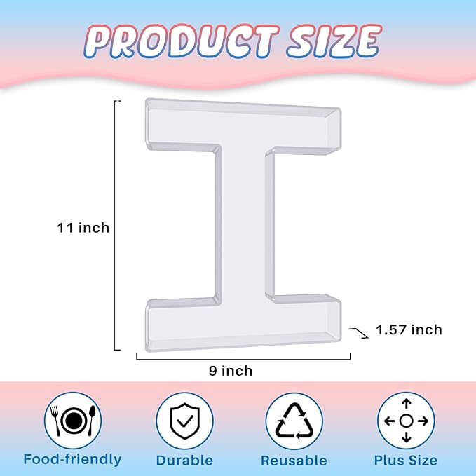 11" Acrylic Letter Charcuterie Box, Reusable Fillable Alphabet Number Shaped Form Tray for Birthday Anniversaries, Party Decorative Serving Plates Display Candy Cake (I)