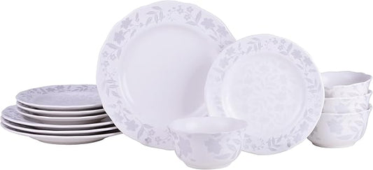 222 Fifth 12-Piece Porcelain Dinnerware Set for 4, Glossy White Plates and Bowls Sets with Silver Flower Pattern, Luxury Ceramic Dish Set, Elegant Kitchen Dishes for Everyday Dining, Refreshed Floral