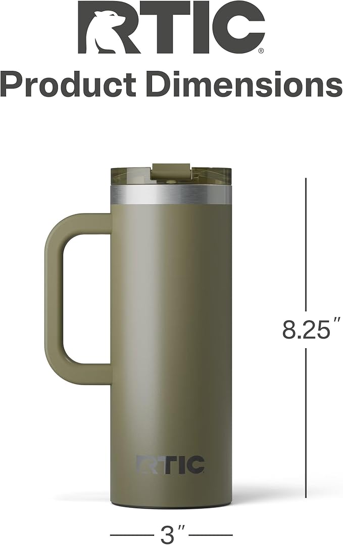 RTIC 20oz Road Trip Travel Mug with Lid and Handle, Ceramic Lined, Insulated, Stainless Steel, Metal, Double Wall Vacuum-Insulation, Portable Coffee, Tea Cup for Hot and Cold Drink, Olive