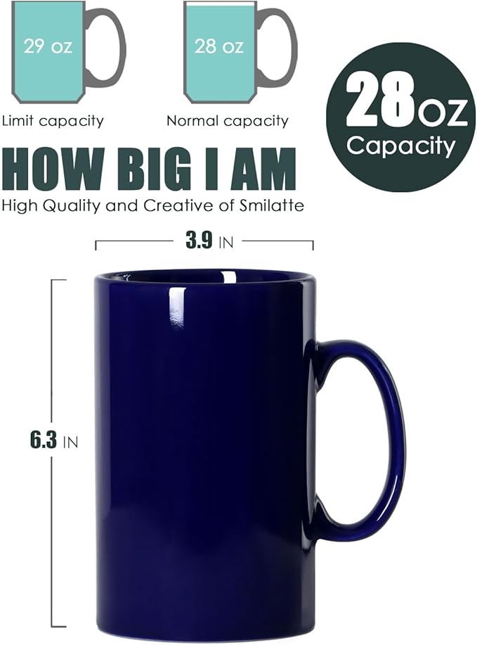 Smilatte 28 OZ Extra Large Ceramic Coffee Mug, M018 Classic Porcelain Boss Super Big Tea Cup with Handle for Office and Home, Blue