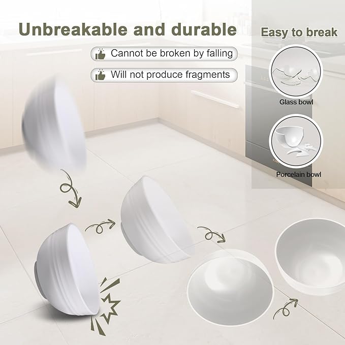 12 Pcs Unbreakable Cereal Bowls Set, 26 Oz Wheat Straw Bowls Set, Microwave & Dishwasher Safe Bowls for Kitchen, Reusable Plastic Bowls for Soup, Salad and Snack, BPA Free, White