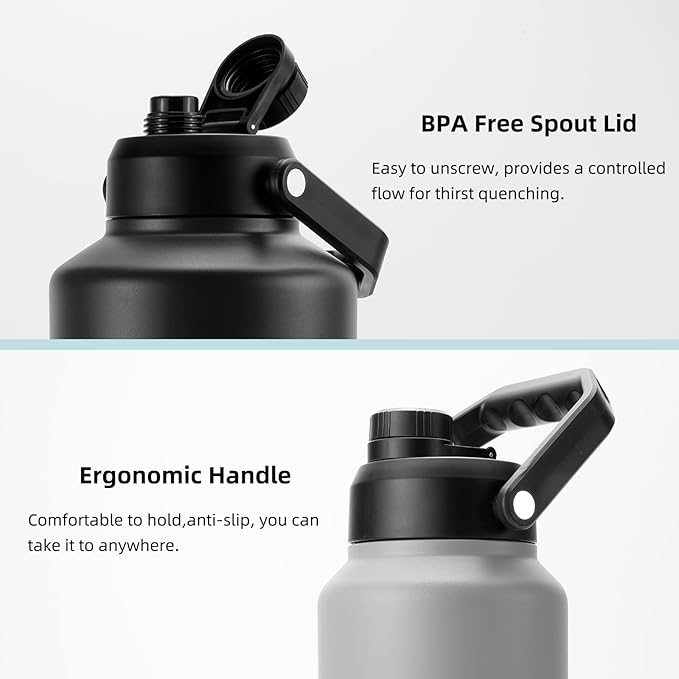 BJPKPK 64 oz Insulated Water Bottle, Dishwasher Safe Half Gallon Water Bottle with Ergonomic Handle, BPA Free Leak Proof Water Jug for Sports, Metal Thermo with Anti-slip Bottom, Grey